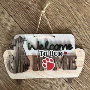 Welcome To Our Home Pet Paw Wood Wall Sign - Red Accent